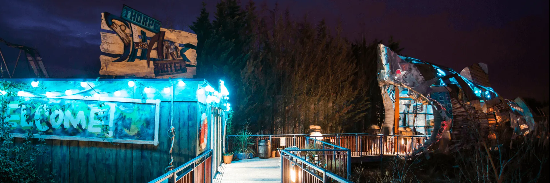 Thorpe Park Accomodation Walkway at Night Time