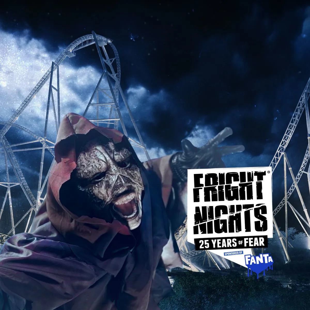 DeadBeat character standing in front of Hyperia at Thorpe Park, with the Fright Nights logo.