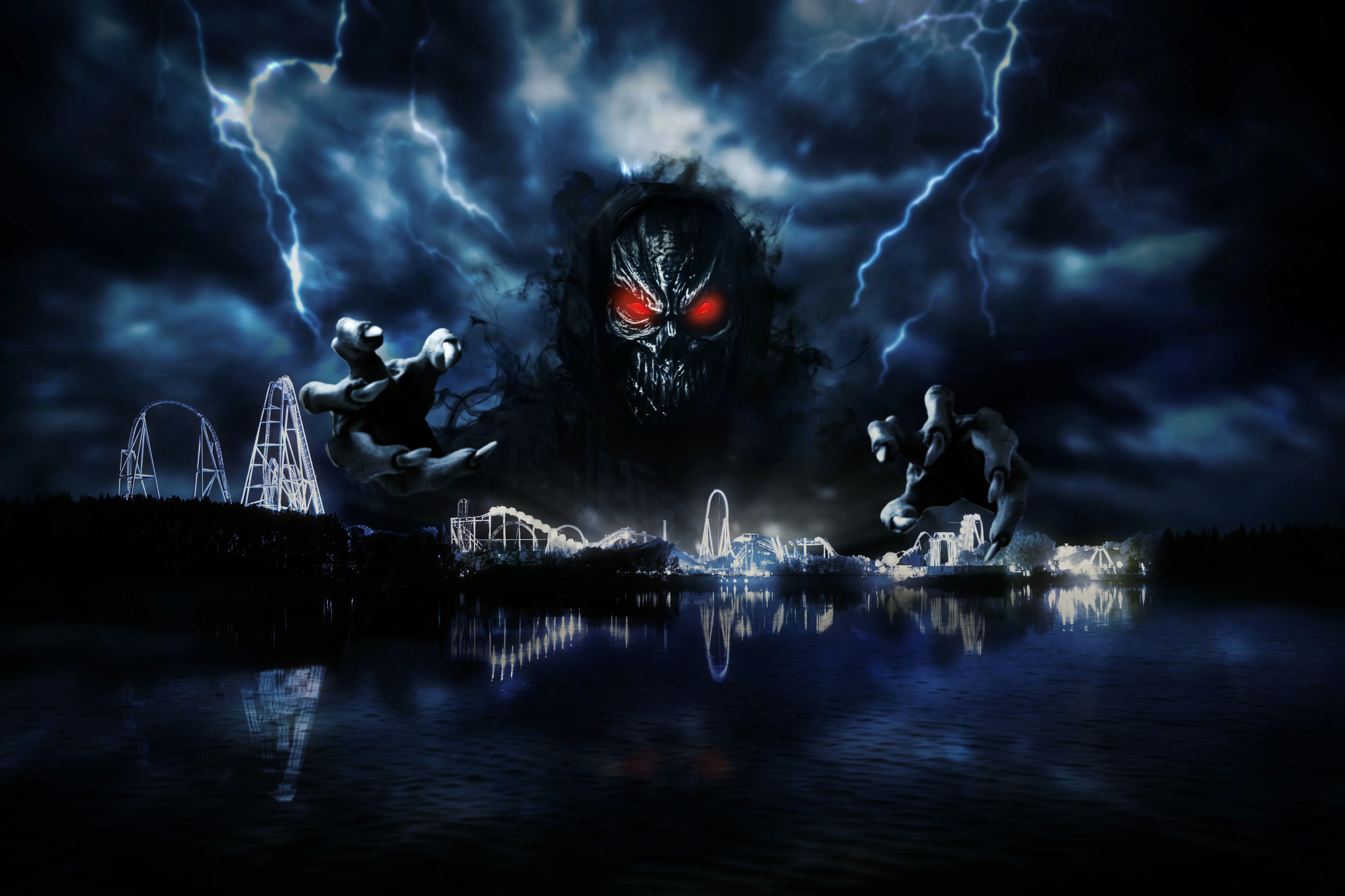 A horrifying entity, Fear, looming other the Thorpe Park rides and sky lines