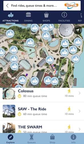 Thorpe Park App Interface and Map