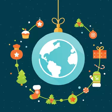 Illustration of a globe surrounded with Christmas items