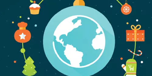 Illustration of a globe surrounded with Christmas items