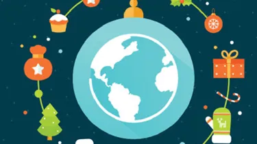 Illustration of a globe surrounded with Christmas items