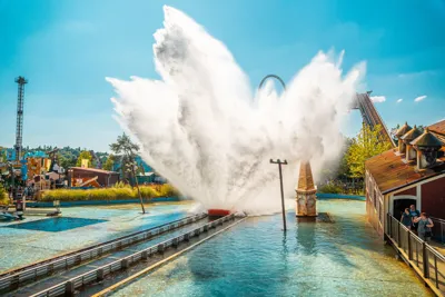 A massive wave from guests being splashed on Tidal Wave