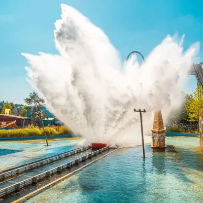 A massive wave from guests being splashed on Tidal Wave
