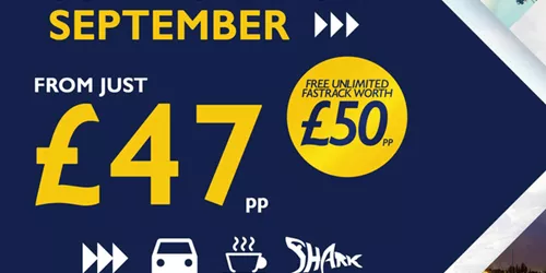 Supercharged Septermber. From Just £47 per person, with free unlimited fastrack worth £50 per person. Island Unlimited Fastrack, Car Parking, Delicious Breakfast, Overnight Stay