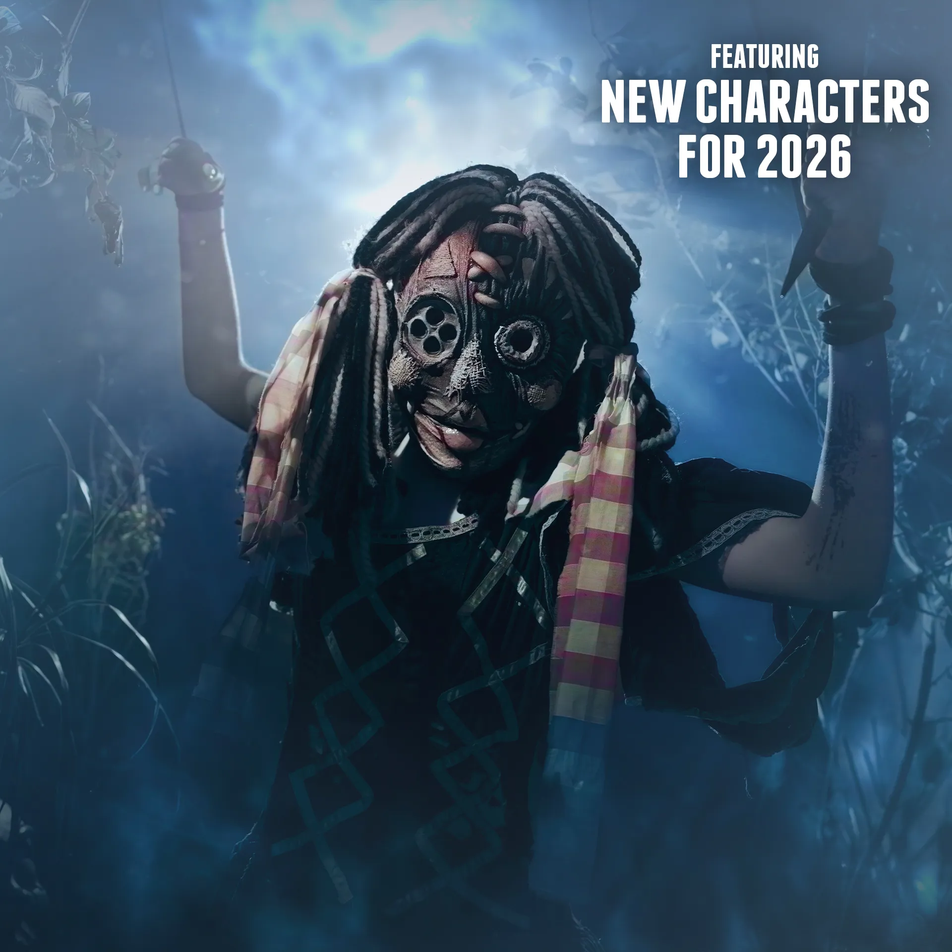 Stitches scare character from Thorpe Park Fright Nights 2026, wearing a stitched mask and holding her arms up in a dark, eerie setting. Text in the corner of the image shares that there are New Characters for 2026