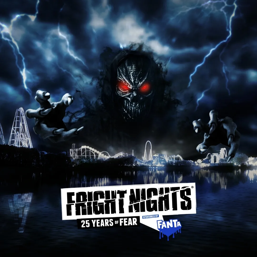 Fear, a skeletal dark figure in a black hood, looming over Thorpe Park 