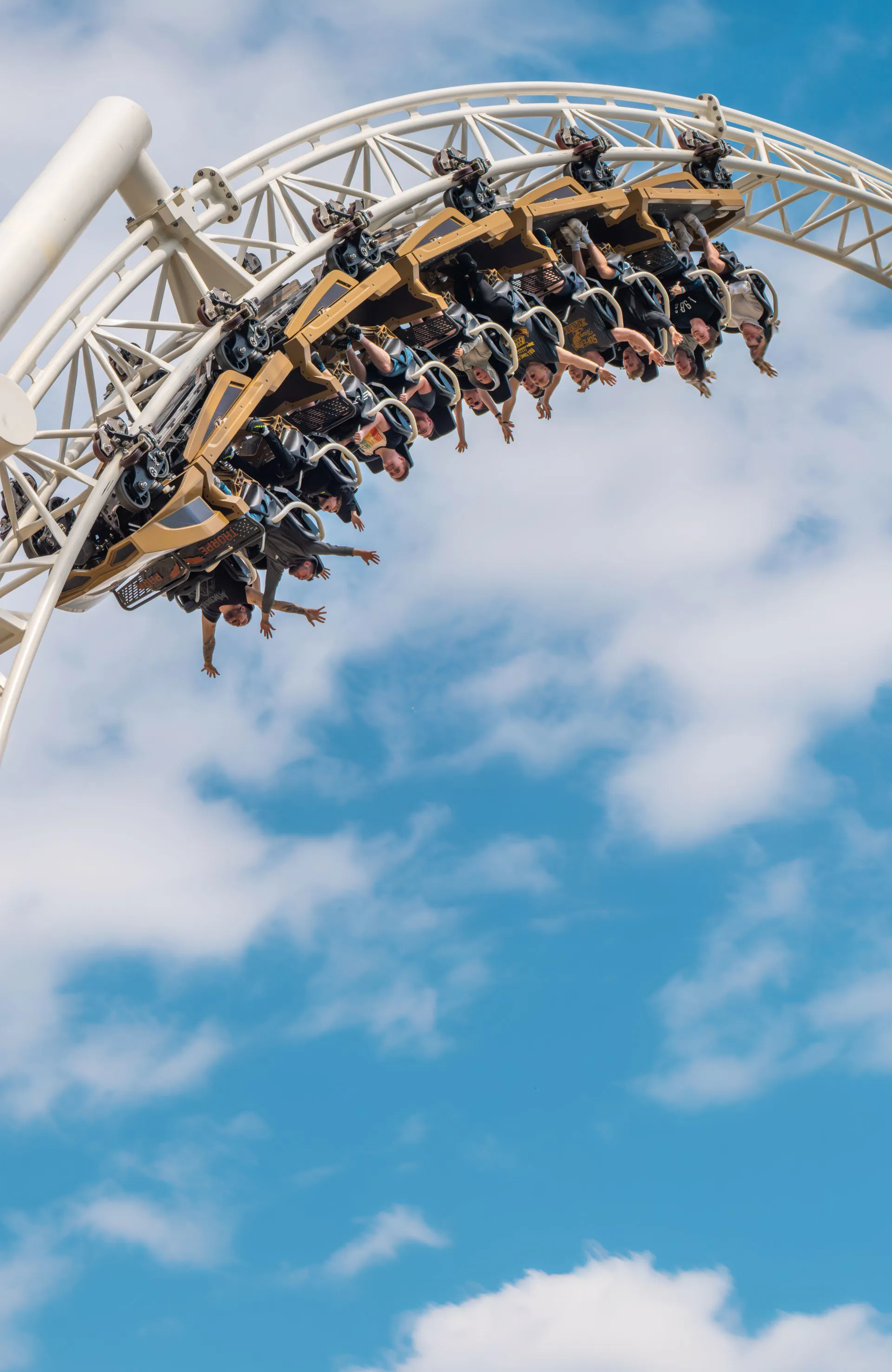 Guests on Hyperia on the inverted section of the rollercoaster
