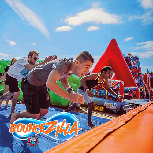 Bouncezilla, guests running towards the obstacle course